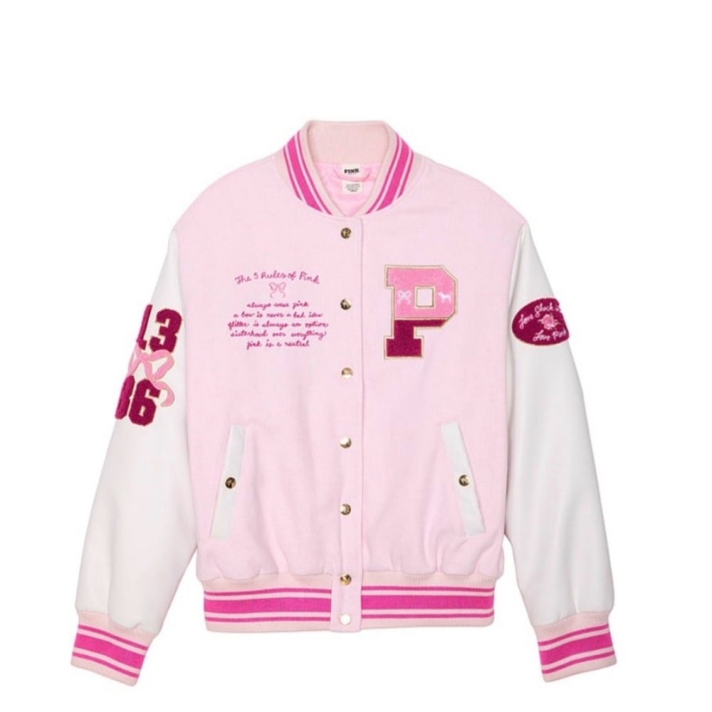LoveShackFancy Pink and White Varsity Jacket